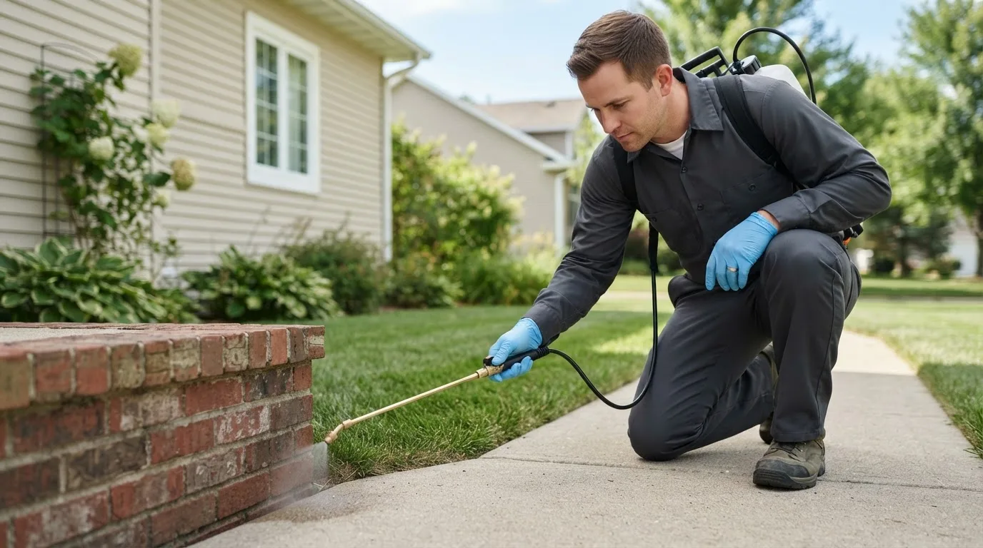 Pest control technician treating a home near Union Springs, NY